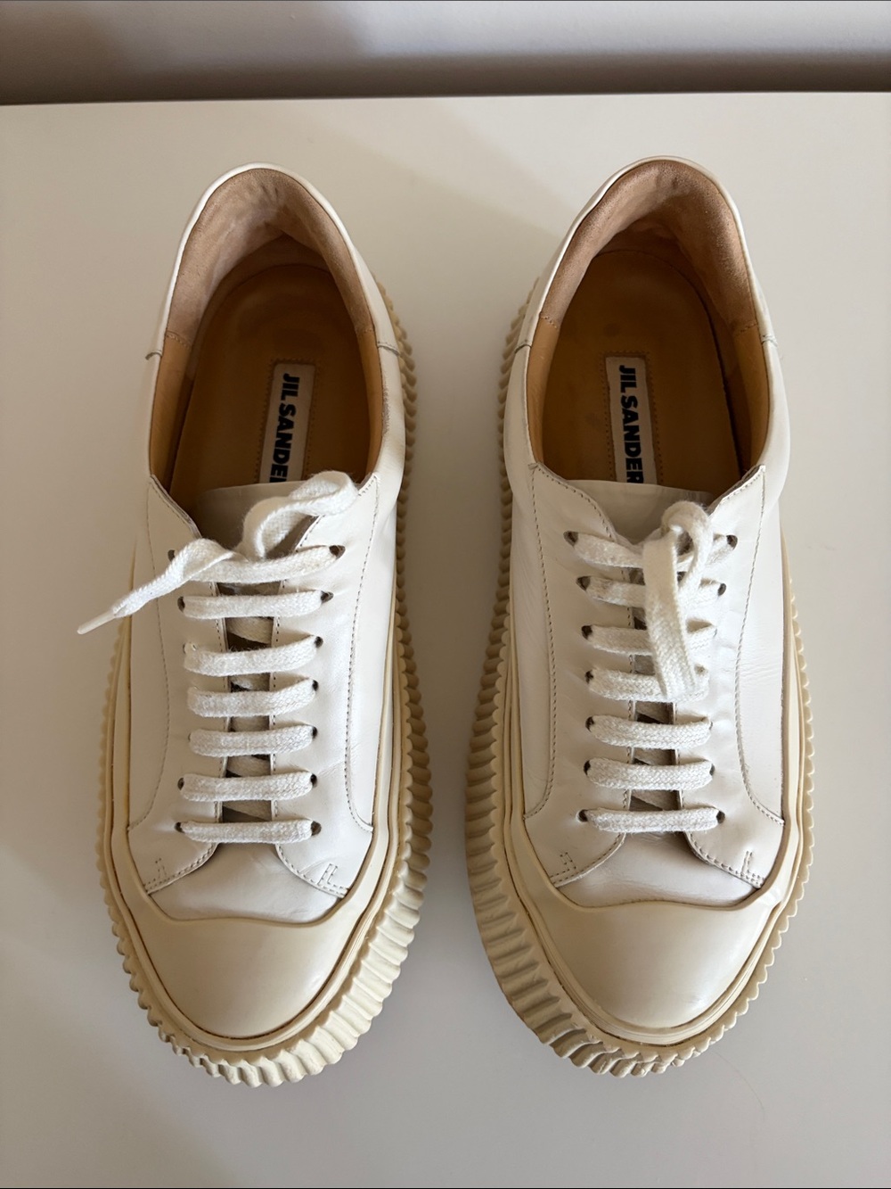 Jil Sander 38 Cream Platform Sneakers - Unisex Leather Lace-Ups fit like a 39 - Picture 2 of 6
